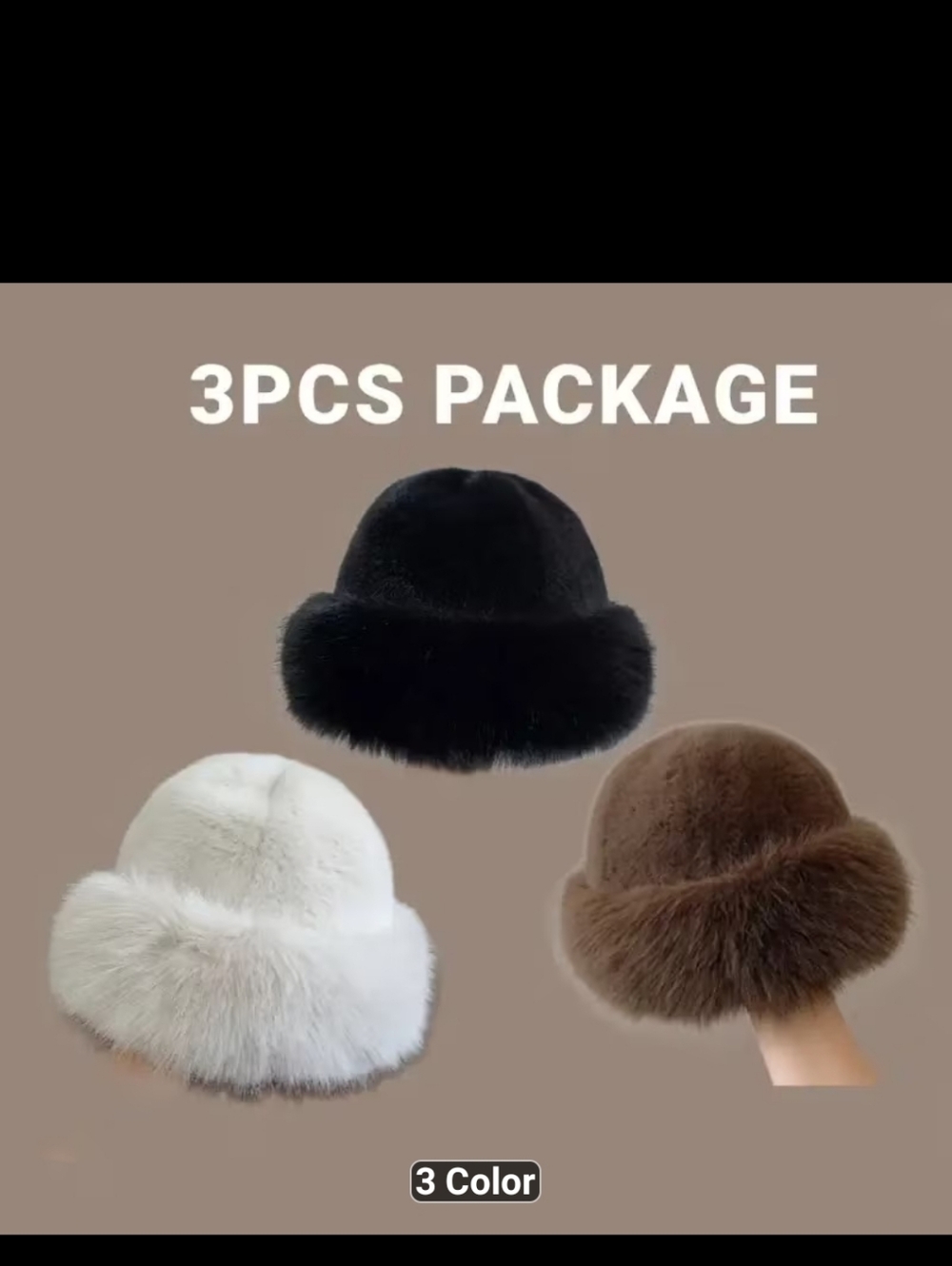 New set of 3 Faux Fur Hats Black, White, Brown #1450-1135